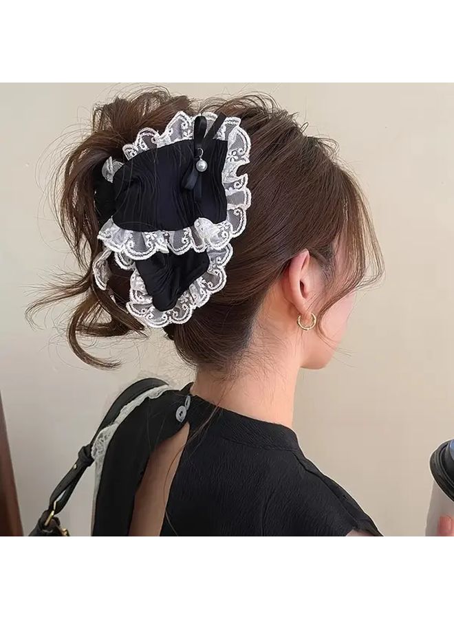White Lace Bow French Style Shark Clip Hair Claw For Women Formal Events - Image 2